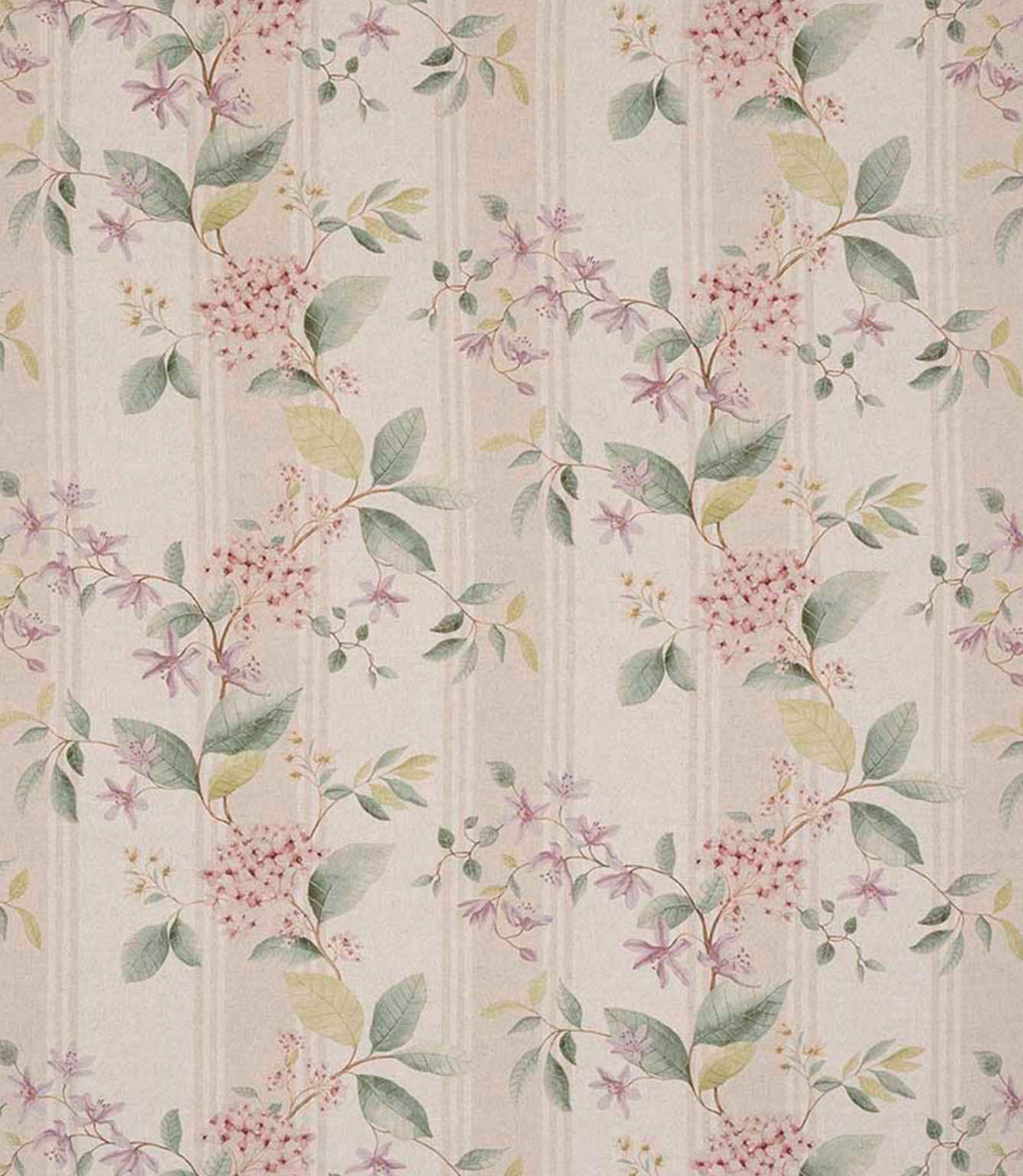 All-over striped floral designer fabric featuring soft pink and lilac flowers with gentle green leaves on a neutral beige ground with fine tonal stripes.
