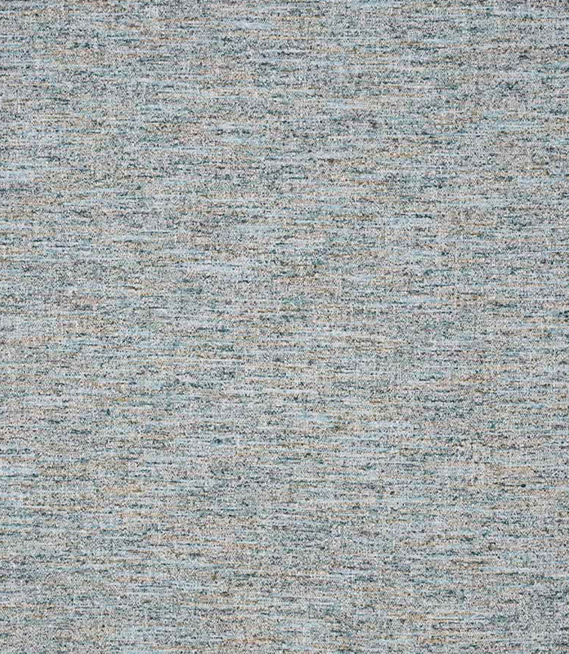 Detailed view of textured woven upholstery fabric showing a layered linear pattern with interwoven soft blue, neutral and warm flecks for added depth.