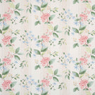 All-over striped floral designer fabric featuring pink hydrangea-style blooms and light blue flowers with green leaves on an ivory ground with soft neutral stripe detailing.