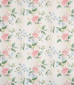 All-over striped floral designer fabric featuring pink hydrangea-style blooms and light blue flowers with green leaves on an ivory ground with soft neutral stripe detailing.