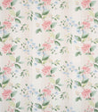 All-over striped floral designer fabric featuring pink hydrangea-style blooms and light blue flowers with green leaves on an ivory ground with soft neutral stripe detailing.