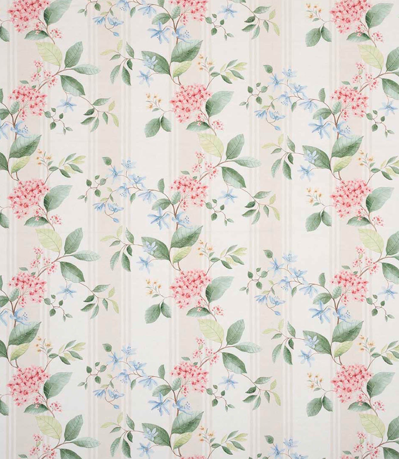 All-over striped floral designer fabric featuring pink hydrangea-style blooms and light blue flowers with green leaves on an ivory ground with soft neutral stripe detailing.