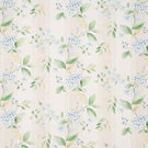 All-over striped floral designer fabric featuring fresh green leaves and small white blossoms on an ivory ground with gentle blue stripe detailing.