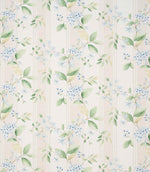 All-over striped floral designer fabric featuring fresh green leaves and small white blossoms on an ivory ground with gentle blue stripe detailing.