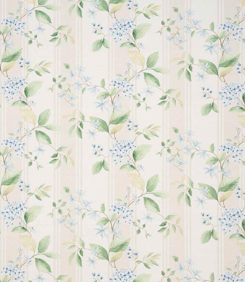 All-over striped floral designer fabric featuring fresh green leaves and small white blossoms on an ivory ground with gentle blue stripe detailing.
