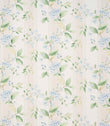 All-over striped floral designer fabric featuring fresh green leaves and small white blossoms on an ivory ground with gentle blue stripe detailing.