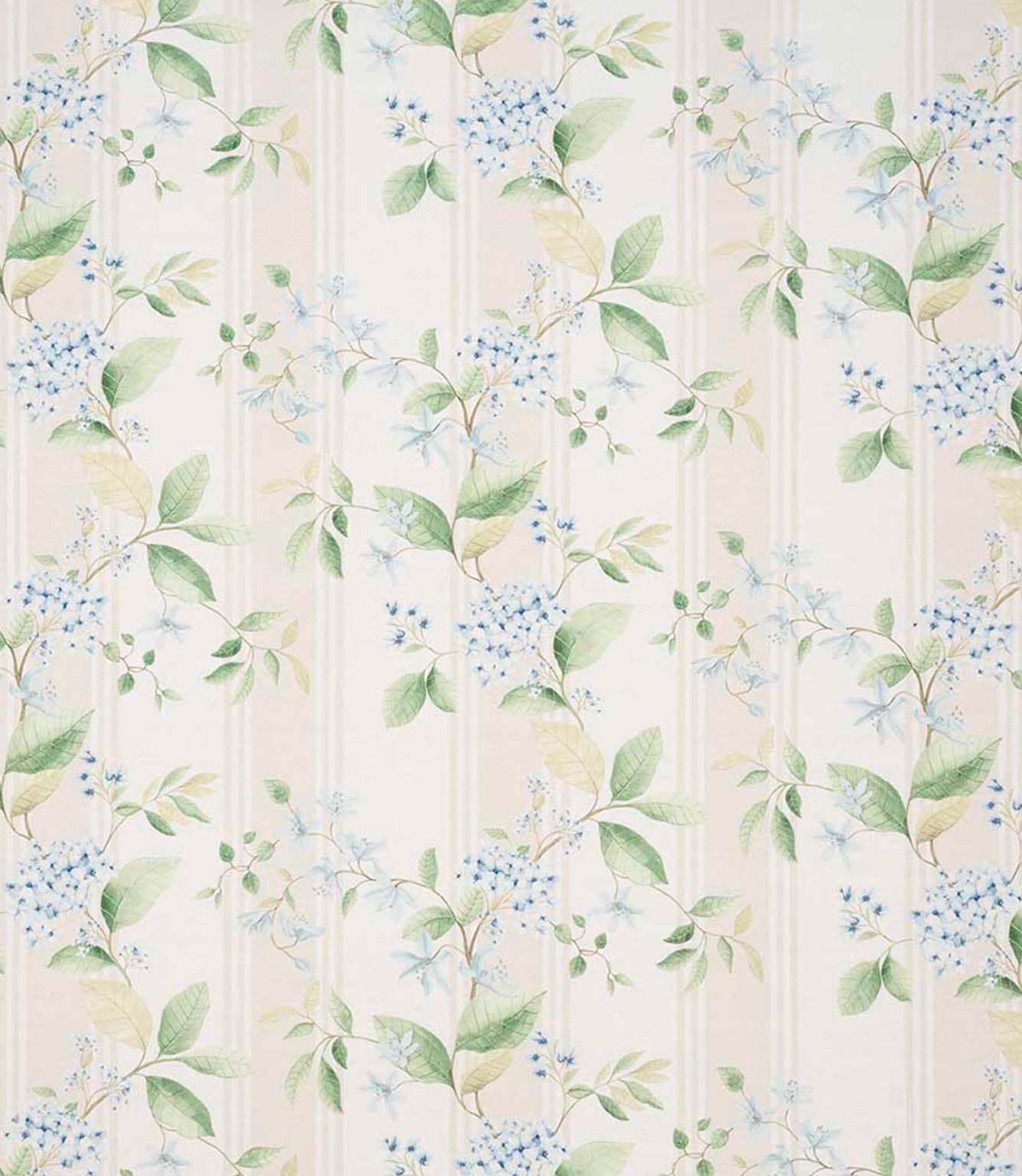 All-over striped floral designer fabric featuring fresh green leaves and small white blossoms on an ivory ground with gentle blue stripe detailing.