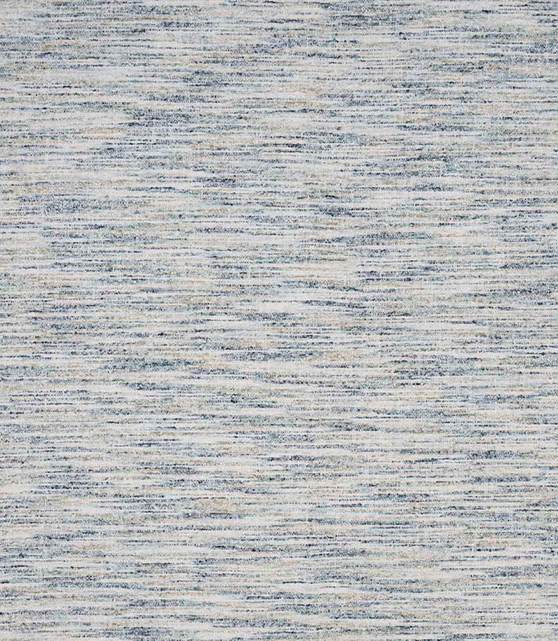 Detailed view of textured woven upholstery fabric featuring a blend of blue and natural tones with a fine, layered linear pattern.