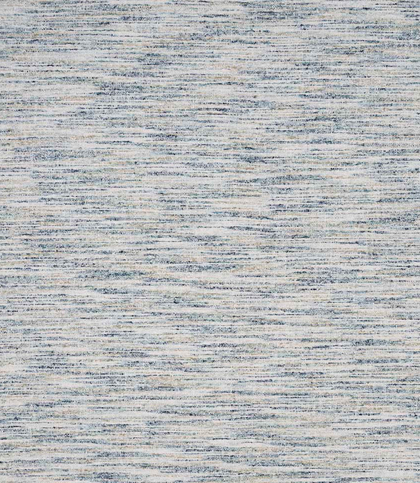 Detailed view of textured woven upholstery fabric featuring a blend of blue and natural tones with a fine, layered linear pattern.