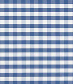 Classic gingham check fabric in soft mid-blue and white, featuring a balanced small-scale check pattern with a clean, timeless look.