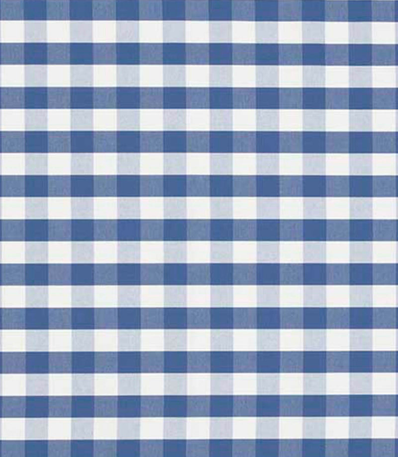Classic gingham check fabric in soft mid-blue and white, featuring a balanced small-scale check pattern with a clean, timeless look.