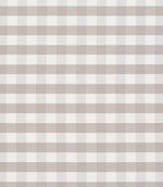 Gingham check fabric in soft neutral taupe and white, featuring a classic small-scale check pattern with a subtle, woven texture.
