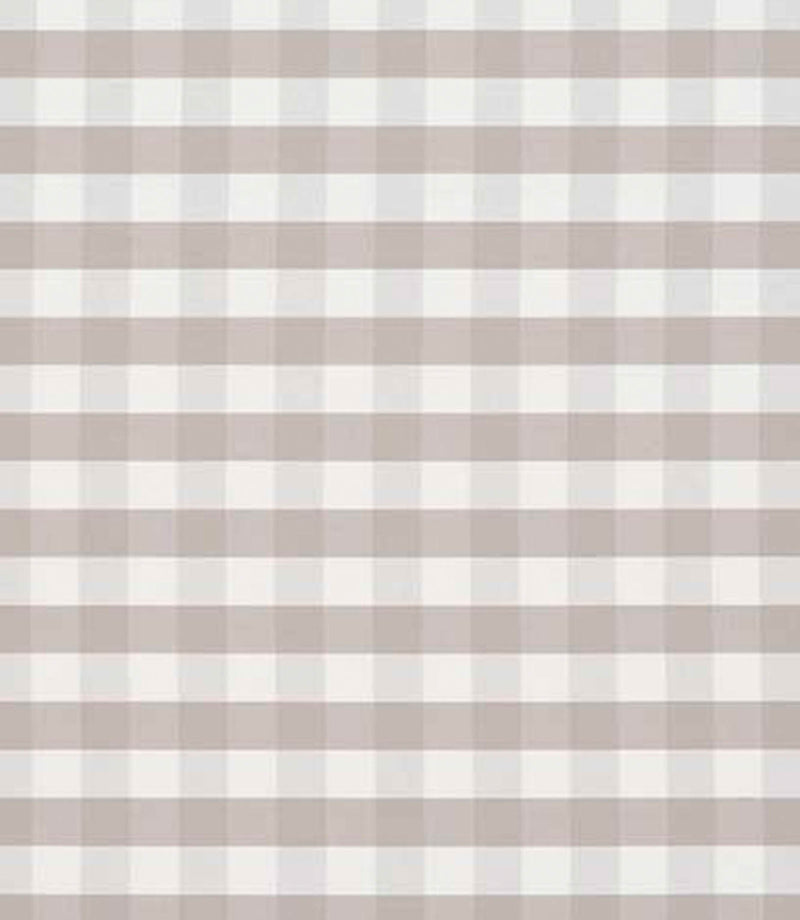 Gingham check fabric in soft neutral taupe and white, featuring a classic small-scale check pattern with a subtle, woven texture.