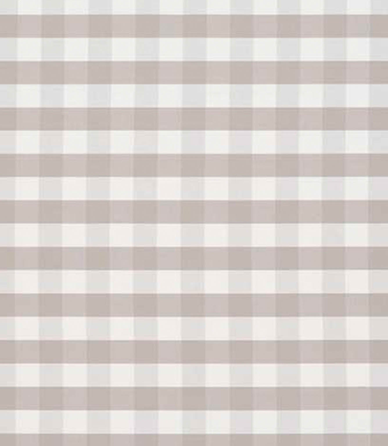 Gingham check fabric in soft neutral taupe and white, featuring a classic small-scale check pattern with a subtle, woven texture.