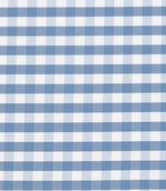 Designer check fabric with a traditional gingham pattern in mid blue and white, showing a balanced grid of squares with a crisp, structured look.