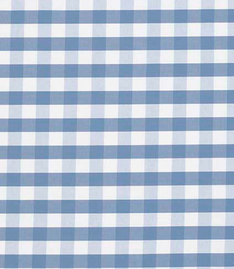 Designer check fabric with a traditional gingham pattern in mid blue and white, showing a balanced grid of squares with a crisp, structured look.