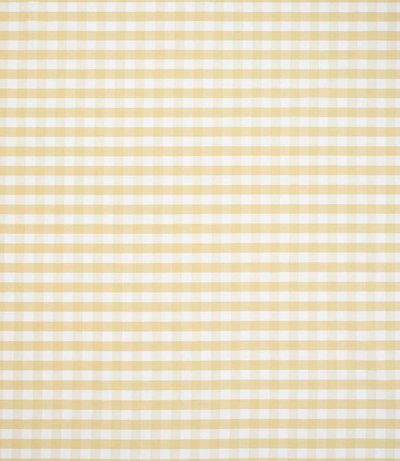 Classic gingham fabric in soft butter yellow and white, showing a neat, evenly spaced check pattern with a fresh, timeless look.