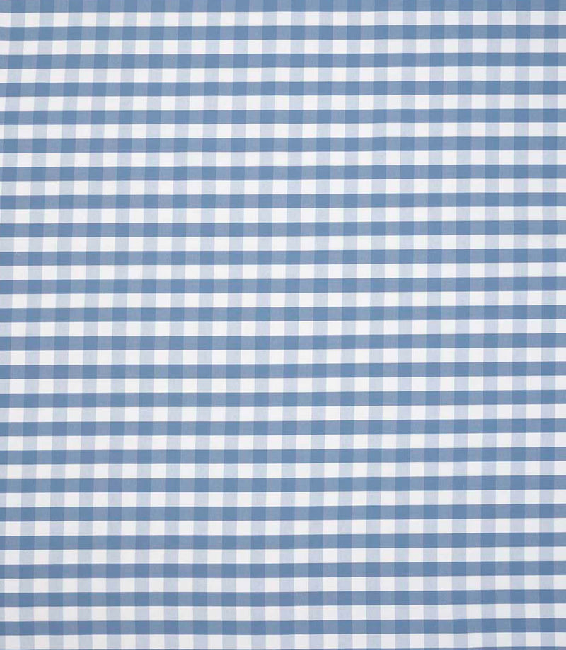 Classic gingham check fabric in soft blue and white tones, featuring evenly spaced small-scale checks with a clean, woven cotton finish.