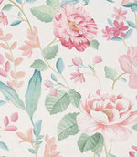 Designer fabric with soft pink floral blooms and delicate coral tones, complemented by fresh green and teal foliage on a light ivory background.