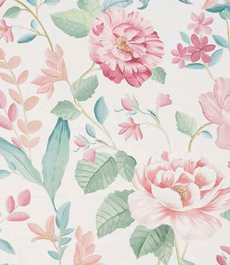 Designer fabric with soft pink floral blooms and delicate coral tones, complemented by fresh green and teal foliage on a light ivory background.