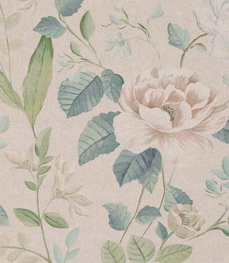 Designer fabric with soft, painterly floral blooms in warm beige and blush tones, complemented by muted blue and sage green foliage on a light neutral background.
