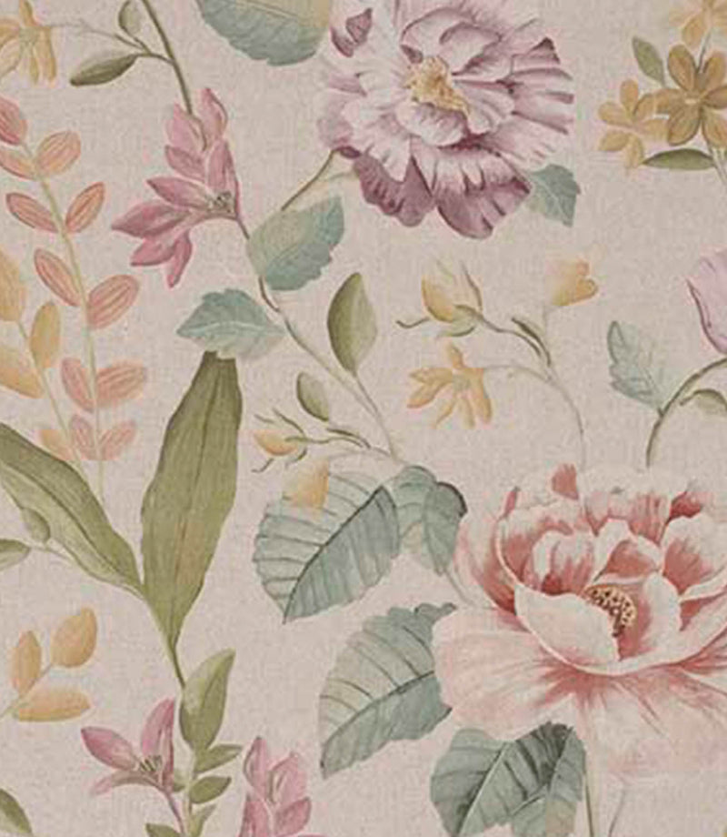 Designer fabric with soft painterly floral blooms in dusty pink, muted red, and gentle yellow tones, complemented by sage green foliage on a warm neutral background.