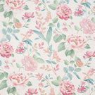 All-over floral designer fabric featuring pink and coral flowers with soft green and teal leaves on a pale ivory ground.