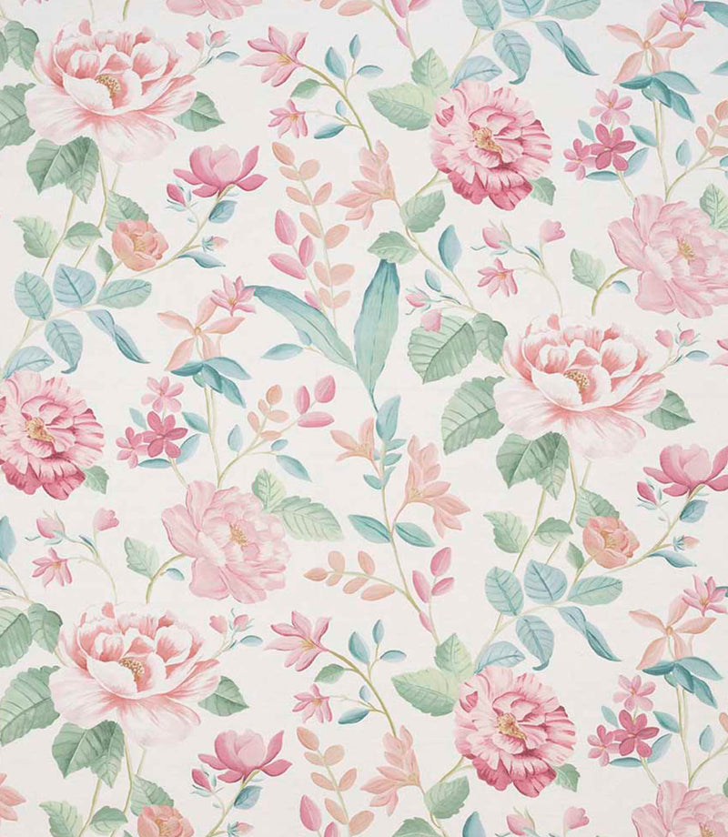 All-over floral designer fabric featuring pink and coral flowers with soft green and teal leaves on a pale ivory ground.