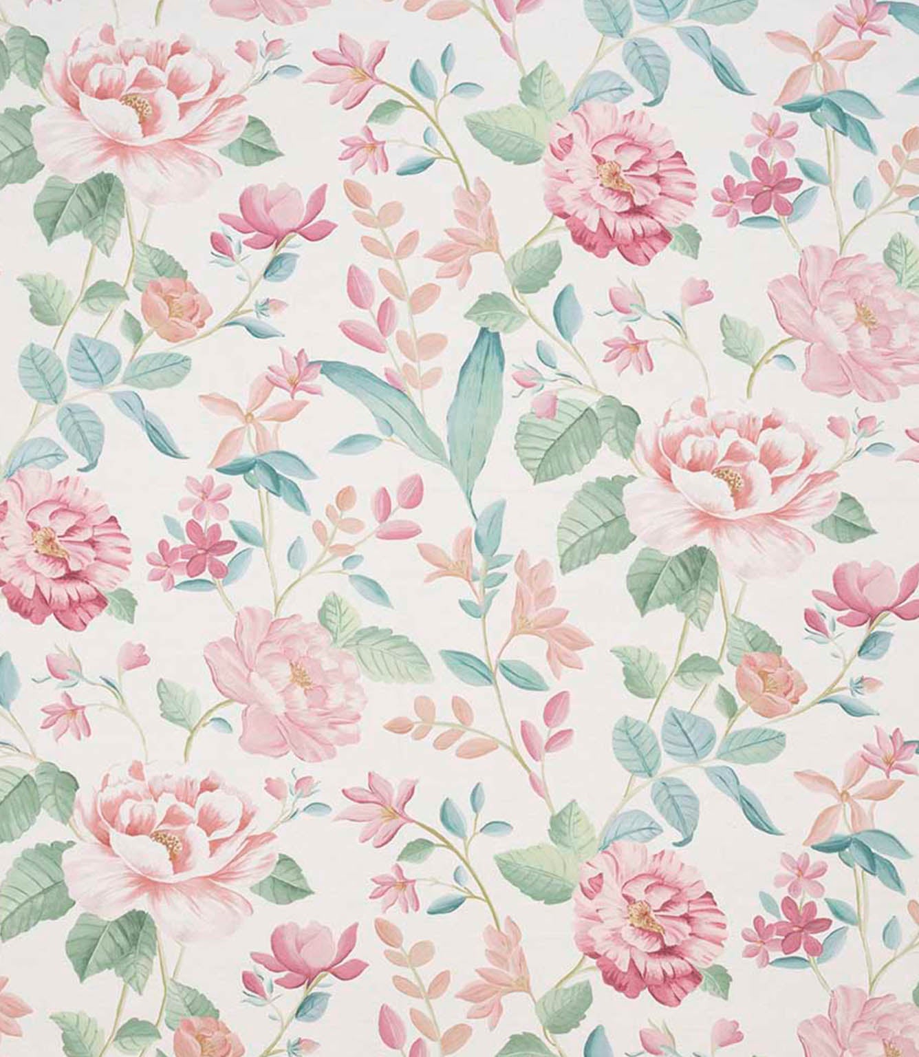 All-over floral designer fabric featuring pink and coral flowers with soft green and teal leaves on a pale ivory ground.