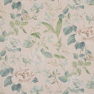All-over floral designer fabric featuring delicate beige and blush flowers with soft blue and green leaves on a warm neutral ground.