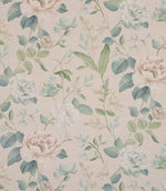 All-over floral designer fabric featuring delicate beige and blush flowers with soft blue and green leaves on a warm neutral ground.