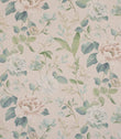 All-over floral designer fabric featuring delicate beige and blush flowers with soft blue and green leaves on a warm neutral ground.