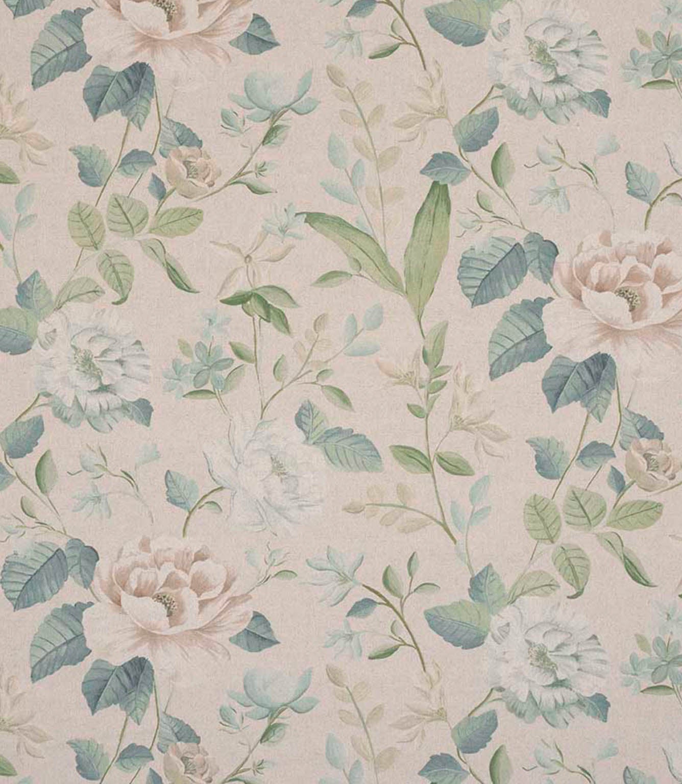 All-over floral designer fabric featuring delicate beige and blush flowers with soft blue and green leaves on a warm neutral ground.