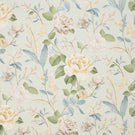 All-over floral designer fabric featuring soft yellow and cream flowers with airy blue and green foliage on a light ivory ground.