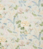 All-over floral designer fabric featuring soft yellow and cream flowers with airy blue and green foliage on a light ivory ground.