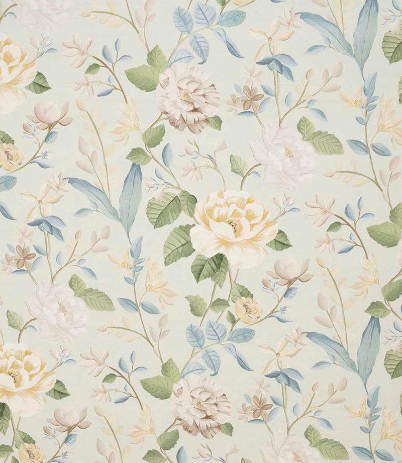 All-over floral designer fabric featuring soft yellow and cream flowers with airy blue and green foliage on a light ivory ground.