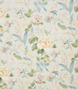 All-over floral designer fabric featuring soft yellow and cream flowers with airy blue and green foliage on a light ivory ground.