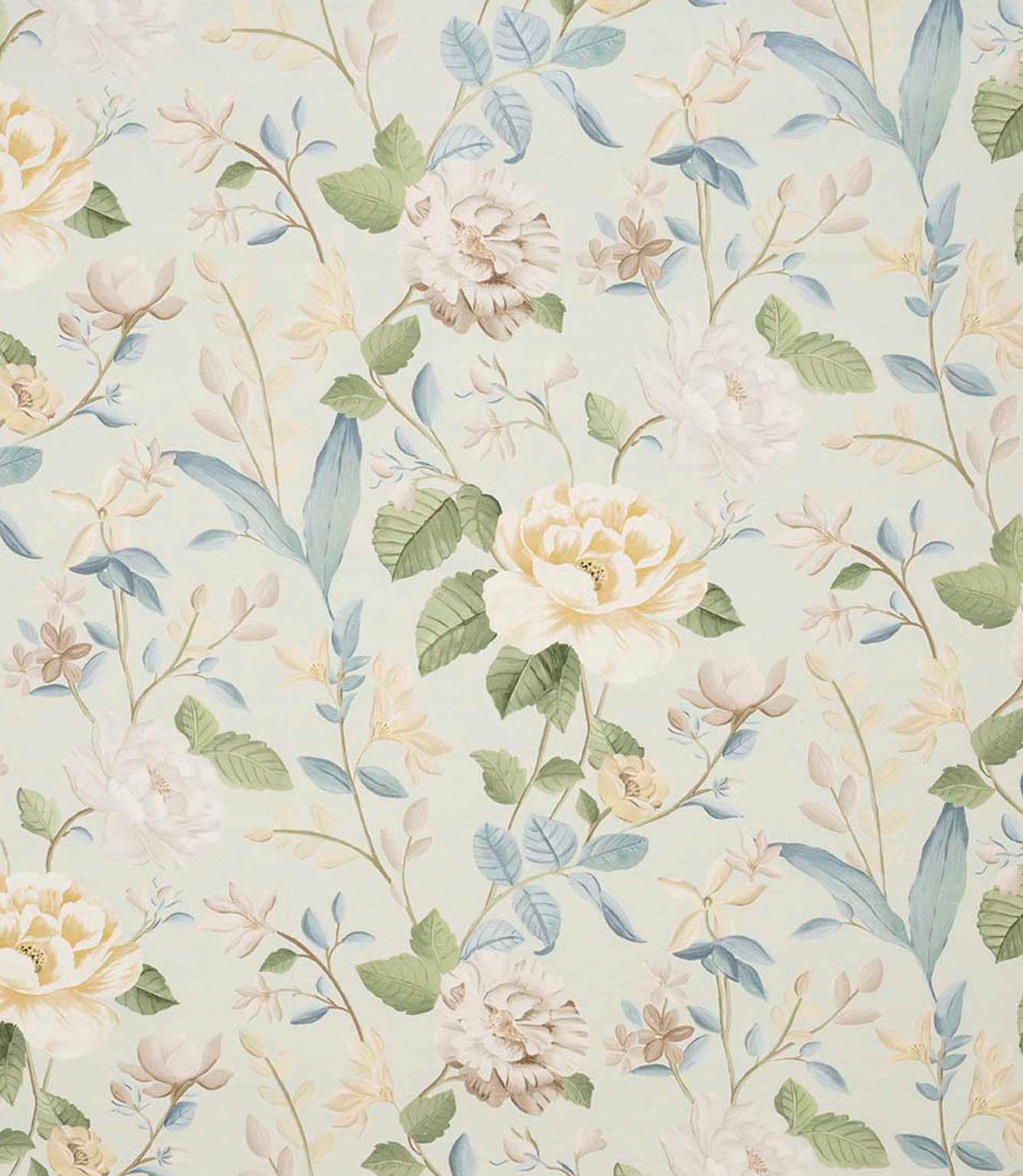 All-over floral designer fabric featuring soft yellow and cream flowers with airy blue and green foliage on a light ivory ground.