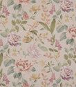 All-over floral designer fabric featuring trailing stems and blossoms in soft pink, muted red, and yellow hues with green leaves on a warm beige ground.