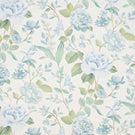 All-over floral designer fabric featuring pale blue flowers and fresh green leaves on a soft ivory ground.