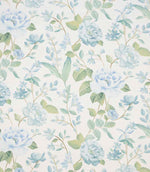 All-over floral designer fabric featuring pale blue flowers and fresh green leaves on a soft ivory ground.