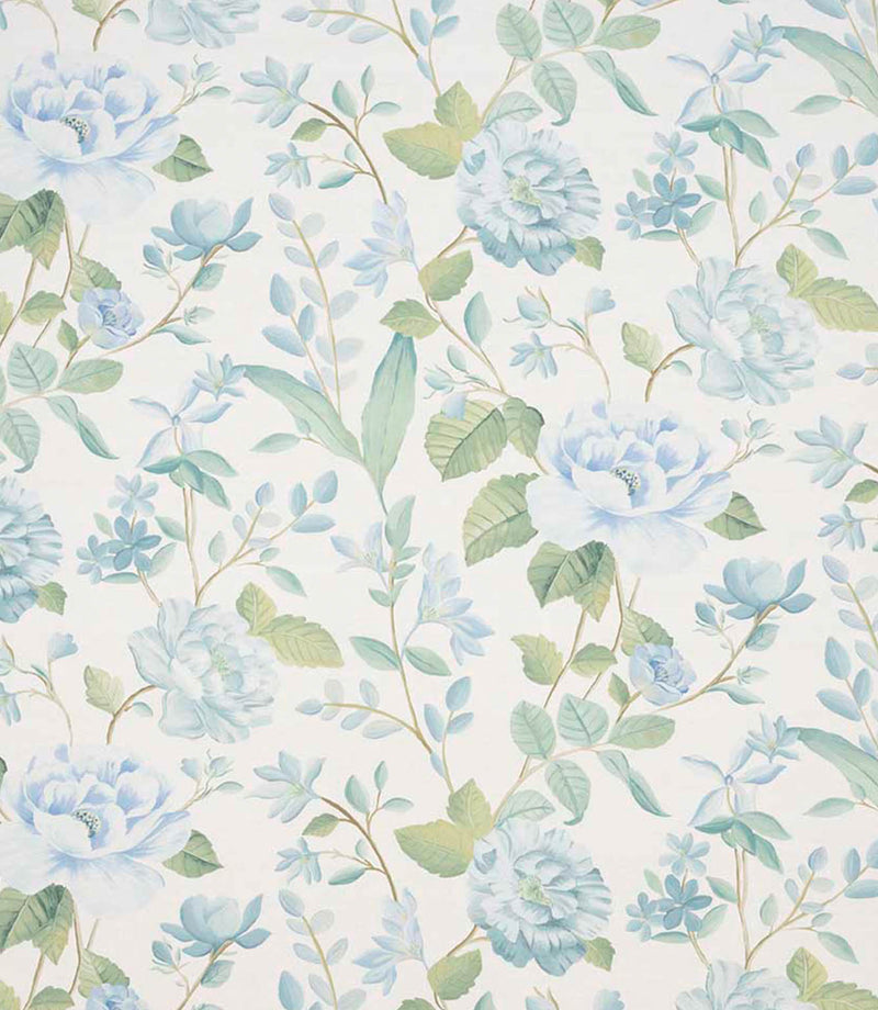 All-over floral designer fabric featuring pale blue flowers and fresh green leaves on a soft ivory ground.