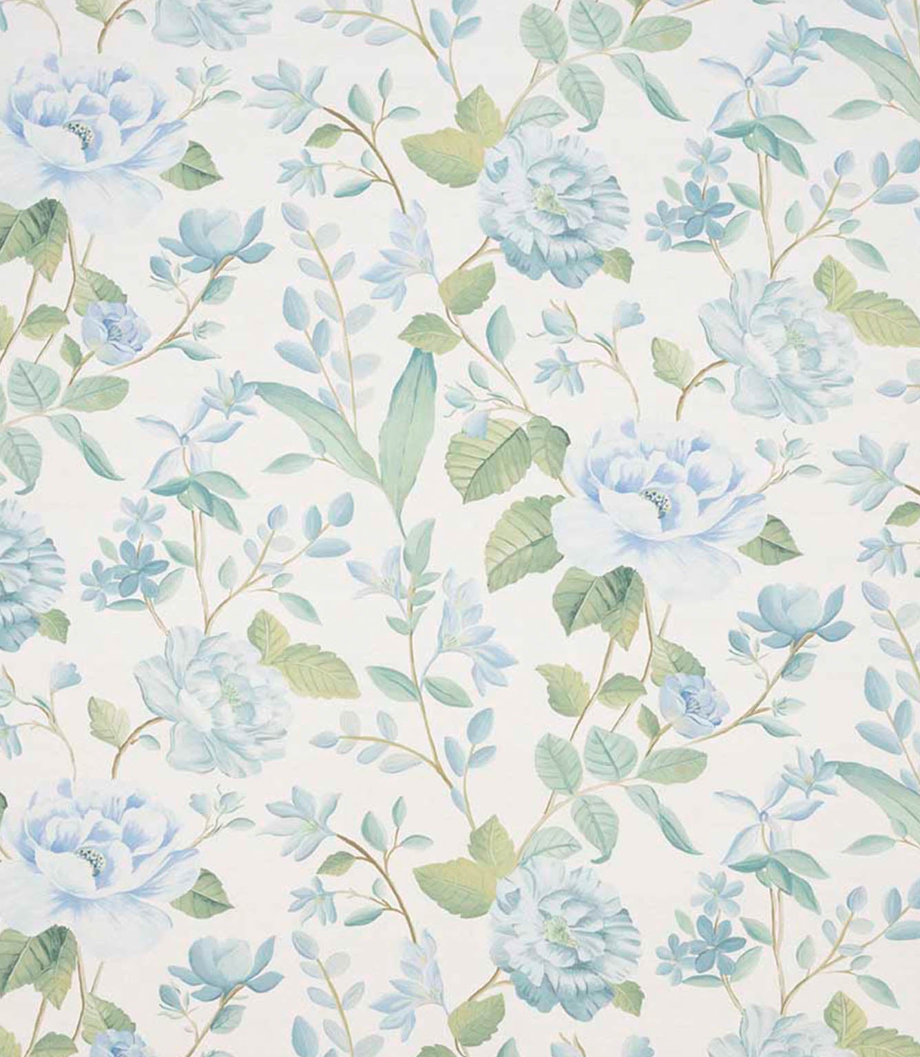 All-over floral designer fabric featuring pale blue flowers and fresh green leaves on a soft ivory ground.