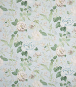 All-over floral designer fabric with trailing foliage in muted blue and green shades set against a light blue ground.
