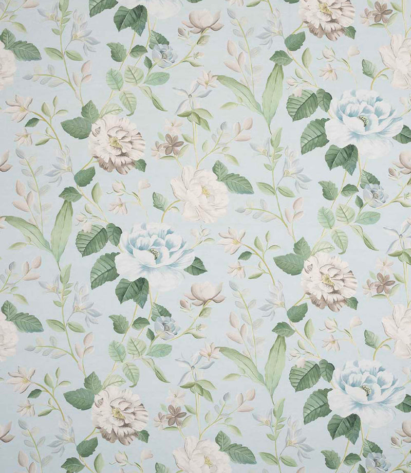 All-over floral designer fabric with trailing foliage in muted blue and green shades set against a light blue ground.