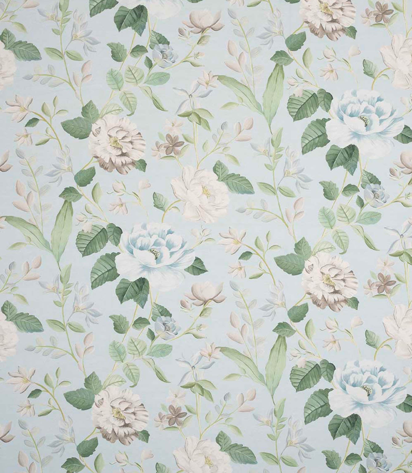 All-over floral designer fabric with trailing foliage in muted blue and green shades set against a light blue ground.
