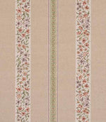 Woven designer fabric with vertical stripes featuring a small scale ditsy floral pattern in soft red, green and muted tones on a warm beige background.