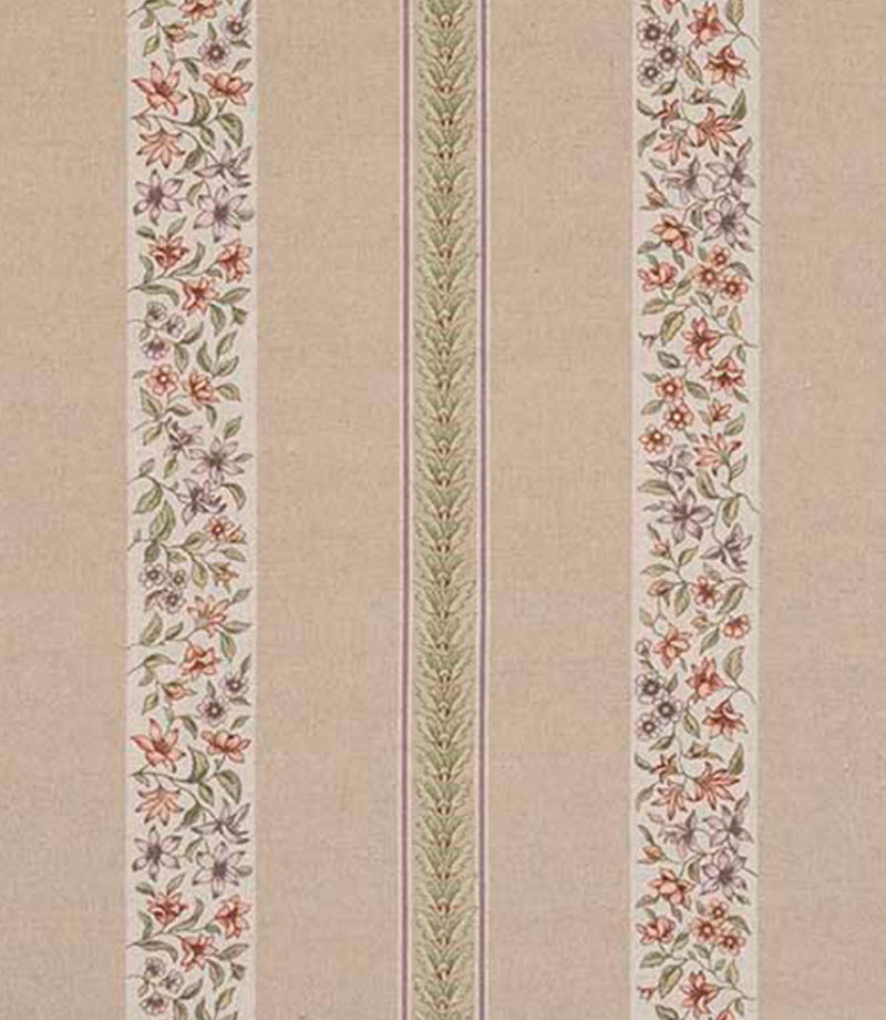 Woven designer fabric with vertical stripes featuring a small scale ditsy floral pattern in soft red, green and muted tones on a warm beige background.