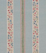 Woven designer fabric with vertical stripes featuring a small scale ditsy floral pattern in soft blue, red, and green tones on a light blue background.