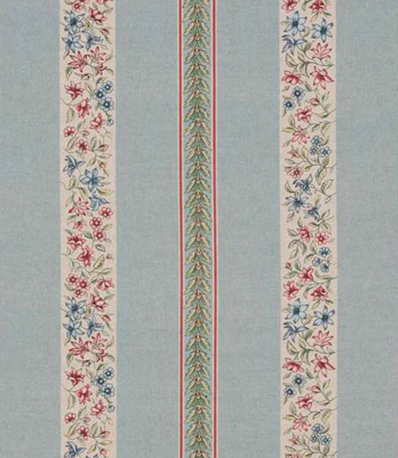 Woven designer fabric with vertical stripes featuring a small scale ditsy floral pattern in soft blue, red, and green tones on a light blue background.